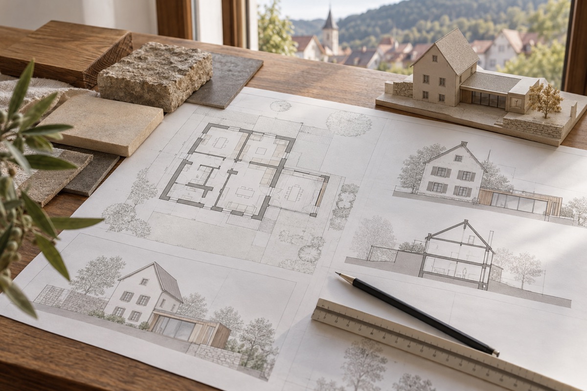 Mosbach: KI-Illustration von Bauplänen und Materialmustern für Altbausanierung und Anbau