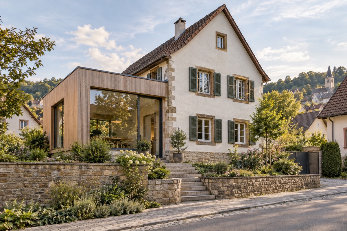 Mosbach: KI-Architekturvisualisierung einer möglichen Umsetzung für Altbausanierung und Anbau