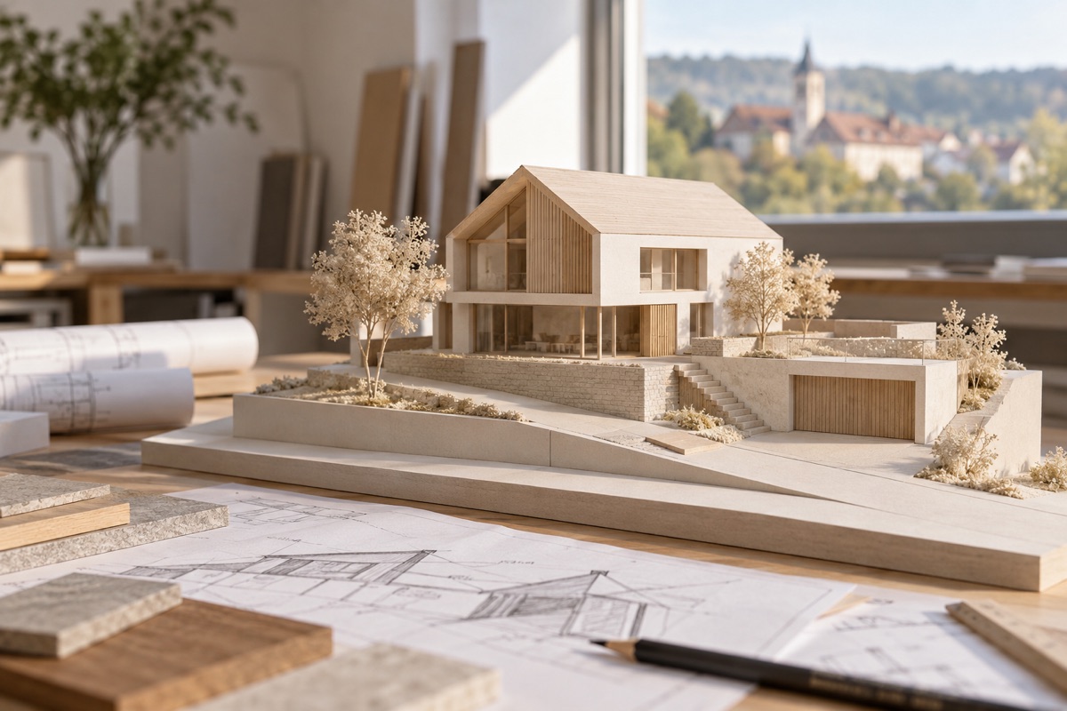 Mühlacker: KI-Illustration eines Architekturmodells für Neubau, Umbau und Sanierung