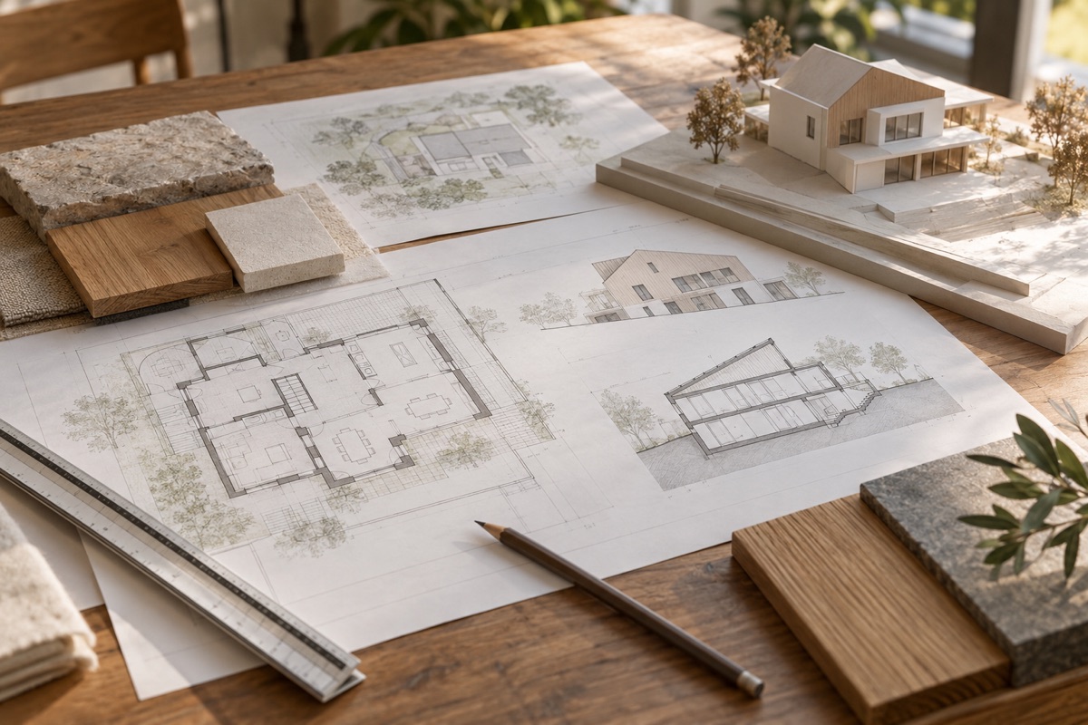 Mühlacker: KI-Illustration von Bauplänen und Materialmustern für Neubau, Umbau und Sanierung