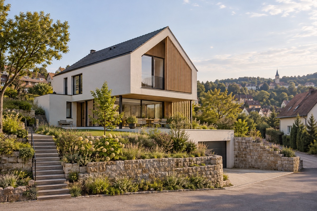 Mühlacker: KI-Architekturvisualisierung einer möglichen Umsetzung für Neubau, Umbau und Sanierung
