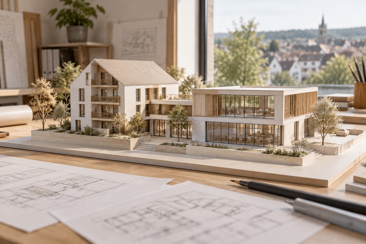 Neckarsulm – Neckarsulm: KI-Illustration eines Architekturmodells für Wohnungsbau und Gewerbeplanung | Axel Maisenhelder Architekt Dipl.Ing.(FH), 01711291188 | Umbau, Anbau, Sanierung Neckarsulm: KI-Illustration eines Architekturmodells für Wohnungsbau und Gewerbeplanung