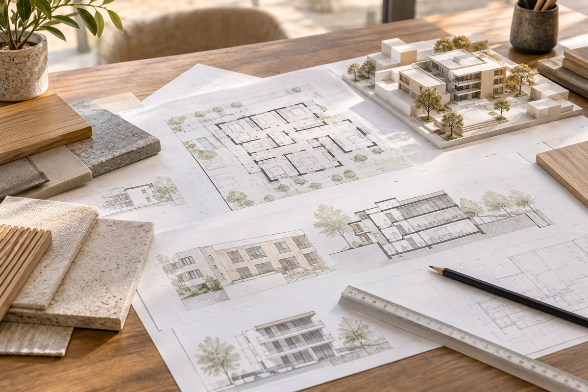 Neckarsulm – Neckarsulm: KI-Illustration von Bauplänen und Materialmustern für Wohnungsbau und Gewerbeplanung | Axel Maisenhelder Architekt Dipl.Ing.(FH), 01711291188 | Umbau, Anbau, Sanierung Neckarsulm: KI-Illustration von Bauplänen und Materialmustern für Wohnungsbau und Gewerbeplanung