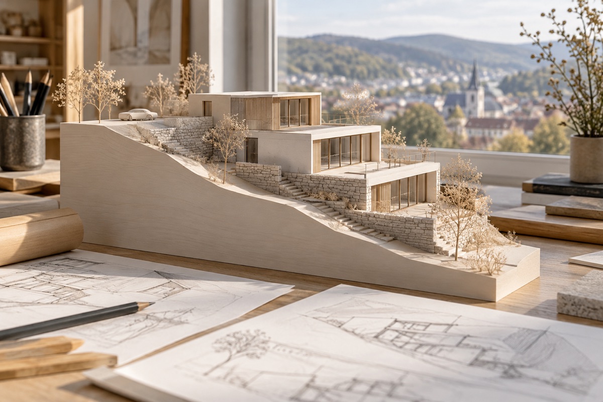 Pforzheim: KI-Illustration eines Architekturmodells für Hanghaus und Umnutzung