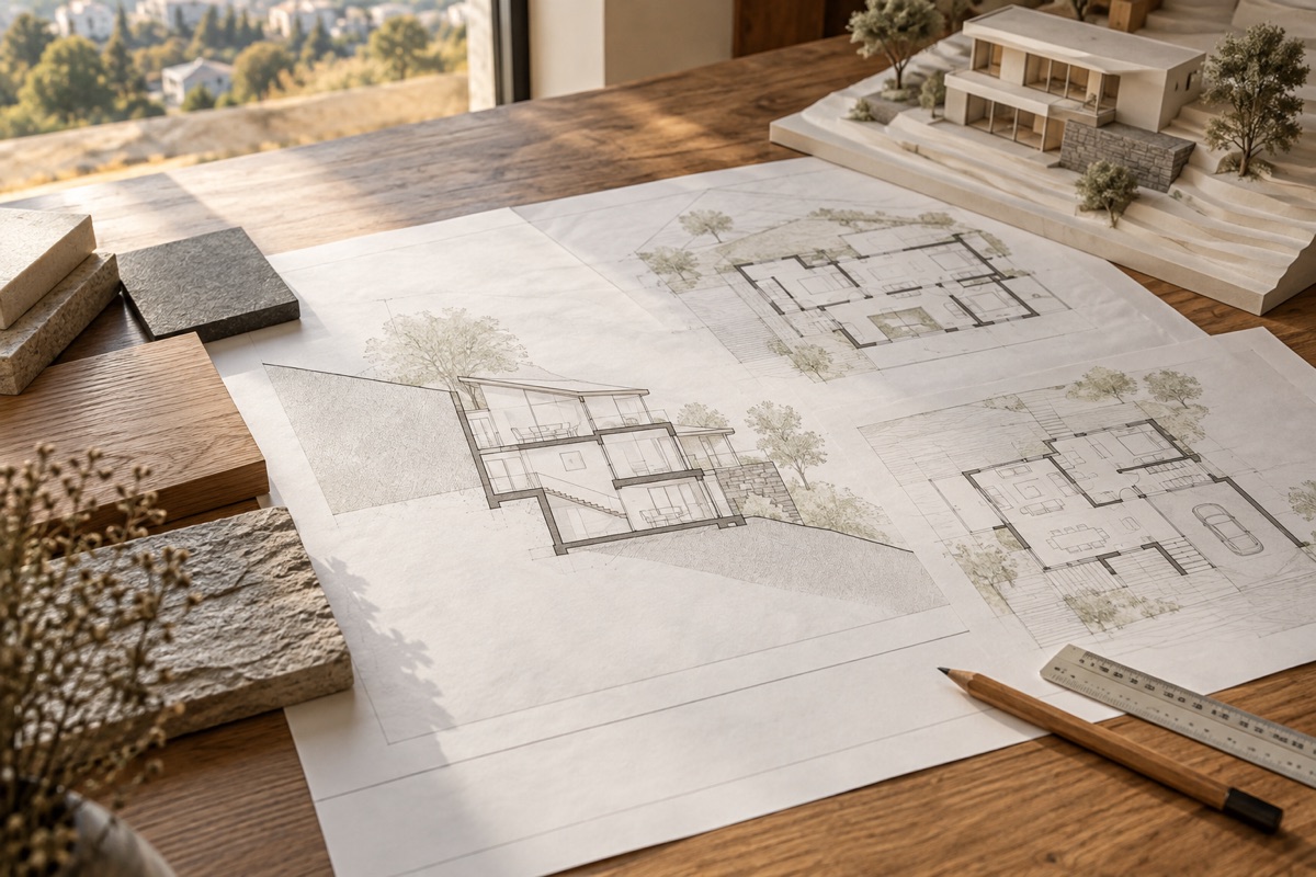 Pforzheim: KI-Illustration von Bauplänen und Materialmustern für Hanghaus und Umnutzung
