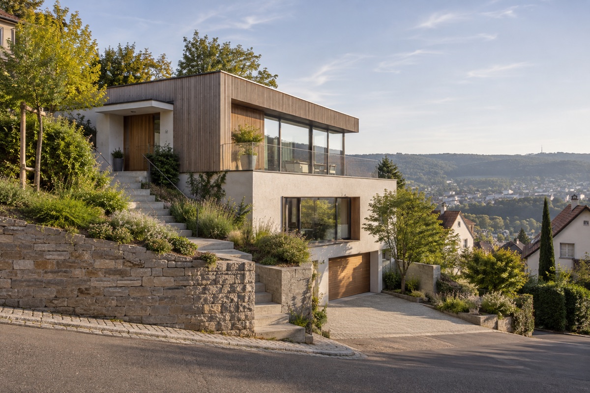 Pforzheim: KI-Architekturvisualisierung einer möglichen Umsetzung für Hanghaus und Umnutzung