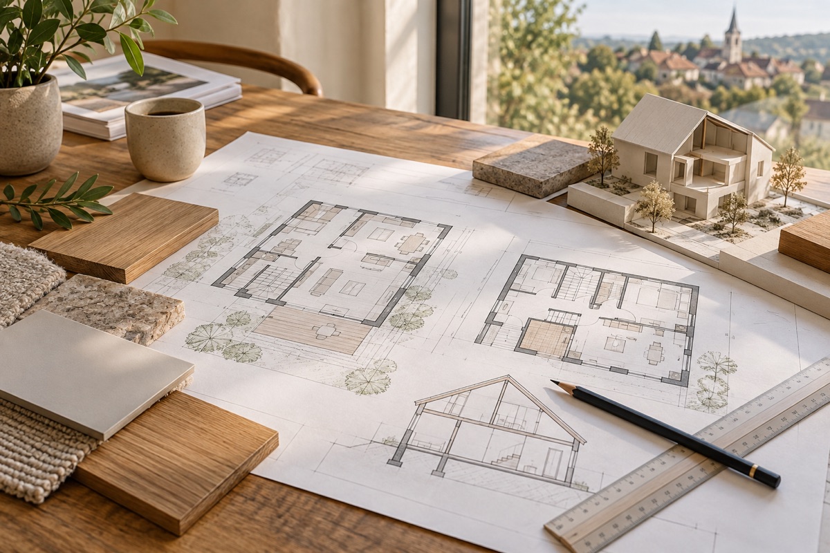 Schwaigern: KI-Illustration von Bauplänen und Materialmustern für Hausplanung und Dachausbau