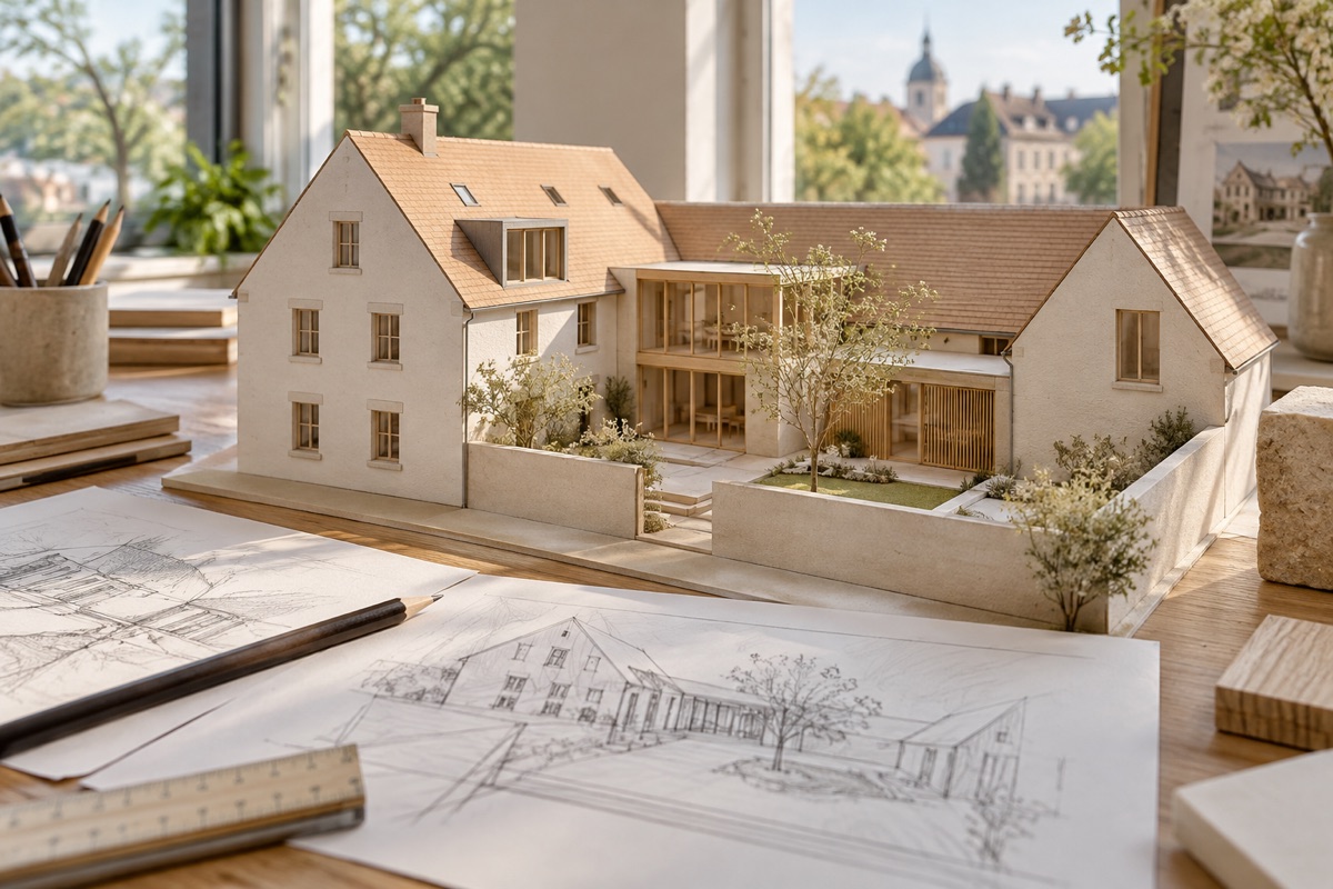 Schwetzingen – Schwetzingen: KI-Illustration eines Architekturmodells für Sanierung und Dachausbau | Axel Maisenhelder Architekt Dipl.Ing.(FH), 01711291188 | Umbau, Anbau, Sanierung Schwetzingen: KI-Illustration eines Architekturmodells für Sanierung und Dachausbau