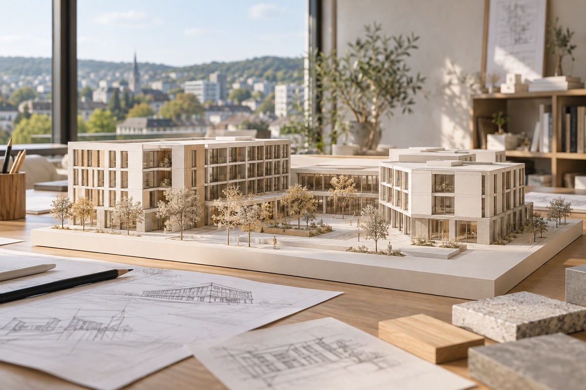 Sindelfingen: KI-Illustration eines Architekturmodells für Büroplanung und Wohnungsbau