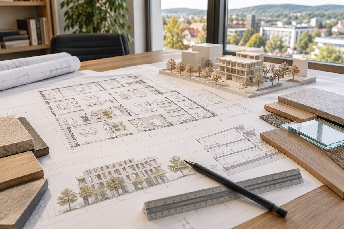 Sindelfingen: KI-Illustration von Bauplänen und Materialmustern für Büroplanung und Wohnungsbau