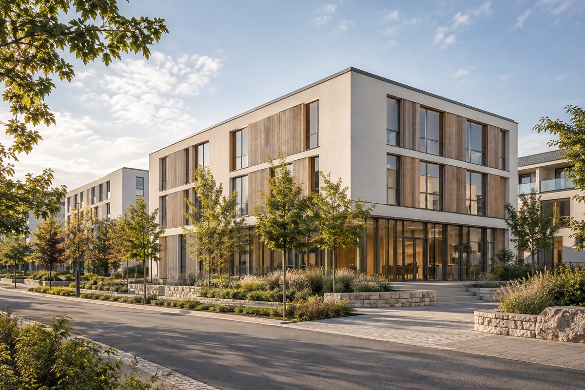 Sindelfingen: KI-Architekturvisualisierung einer möglichen Umsetzung für Büroplanung und Wohnungsbau