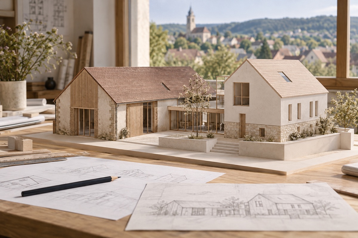 Sinsheim: KI-Illustration eines Architekturmodells für Bestandsumbau und Sanierung