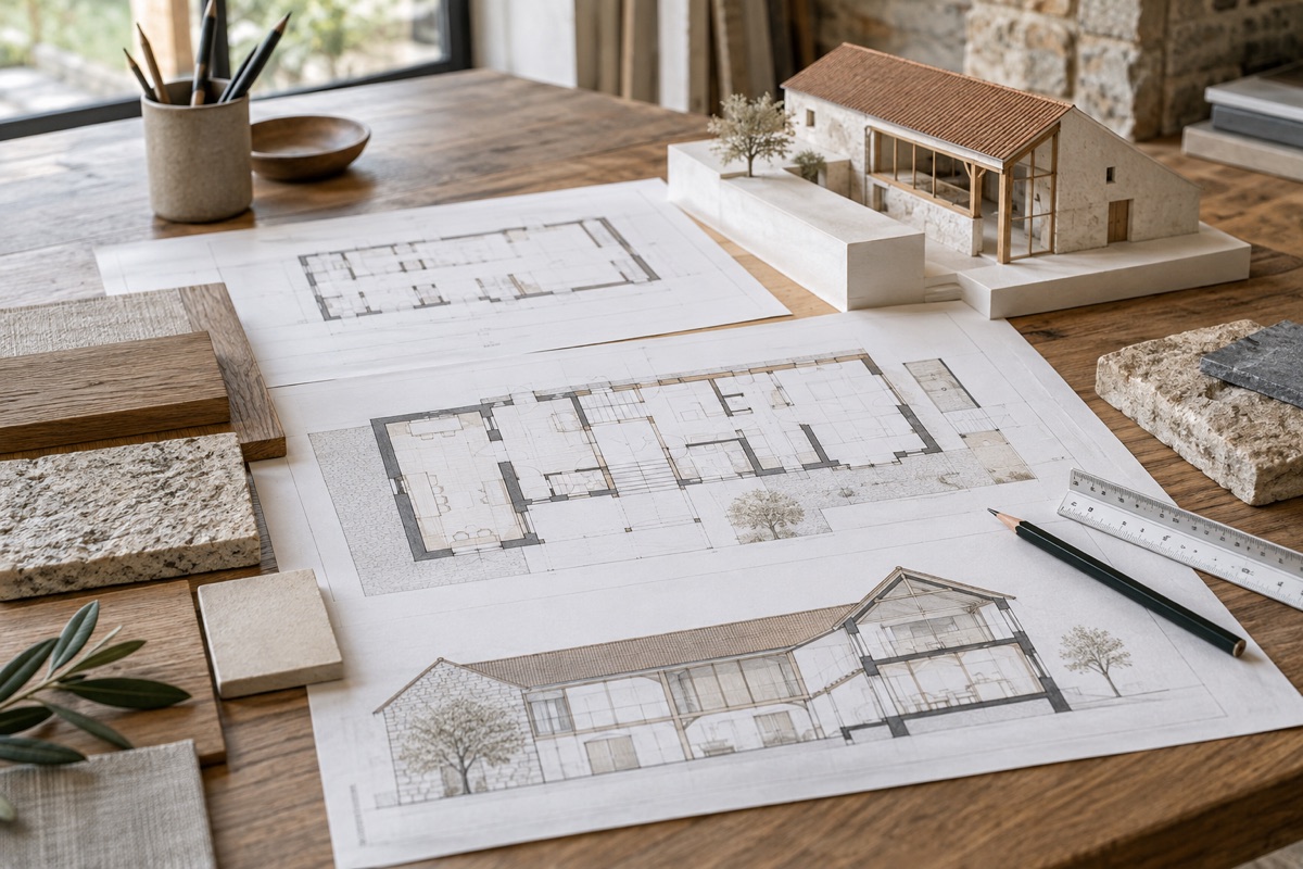 Sinsheim: KI-Illustration von Bauplänen und Materialmustern für Bestandsumbau und Sanierung