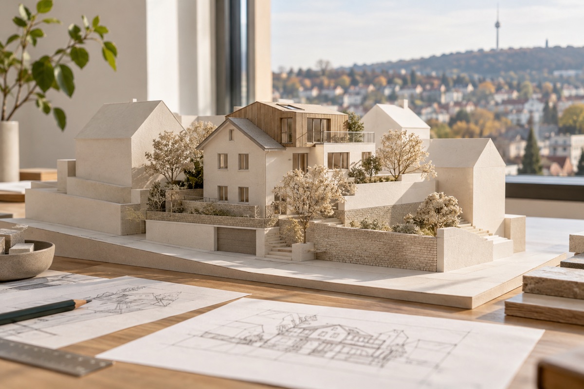 Stuttgart: KI-Illustration eines Architekturmodells für Umbau und Nachverdichtung