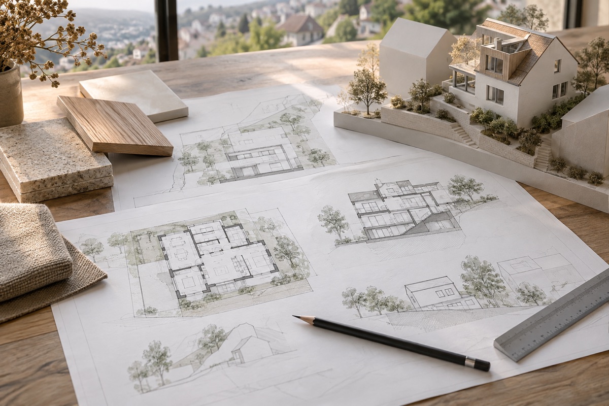 Stuttgart: KI-Illustration von Bauplänen und Materialmustern für Umbau und Nachverdichtung
