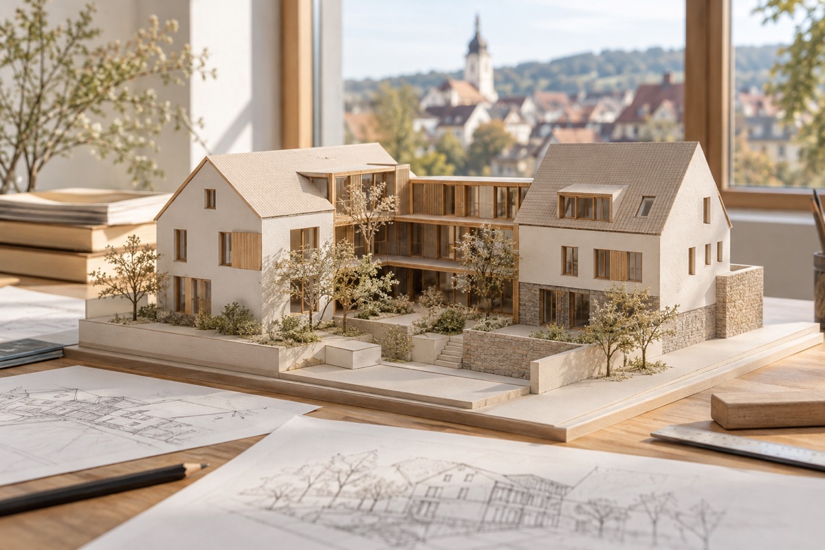Waiblingen: KI-Illustration eines Architekturmodells für Modernisierung und Mehrgenerationenwohnen