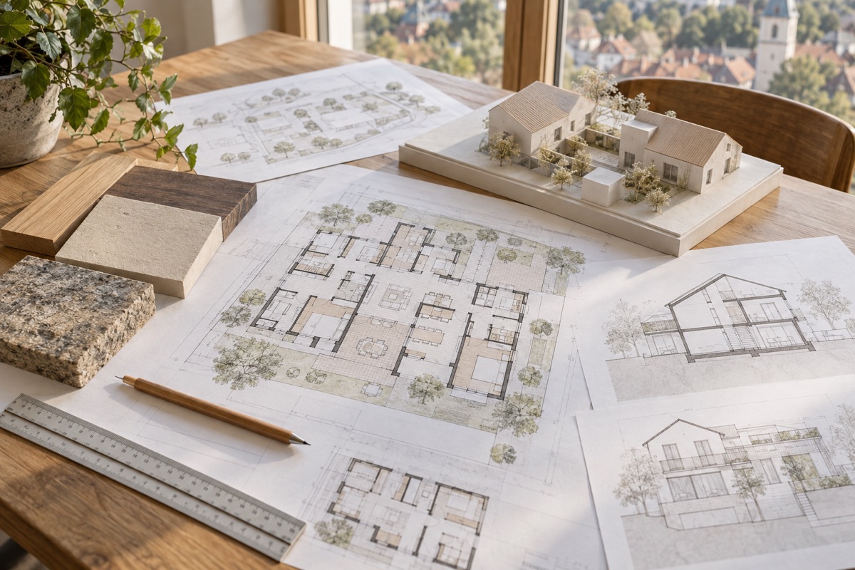 Waiblingen: KI-Illustration von Bauplänen und Materialmustern für Modernisierung und Mehrgenerationenwohnen
