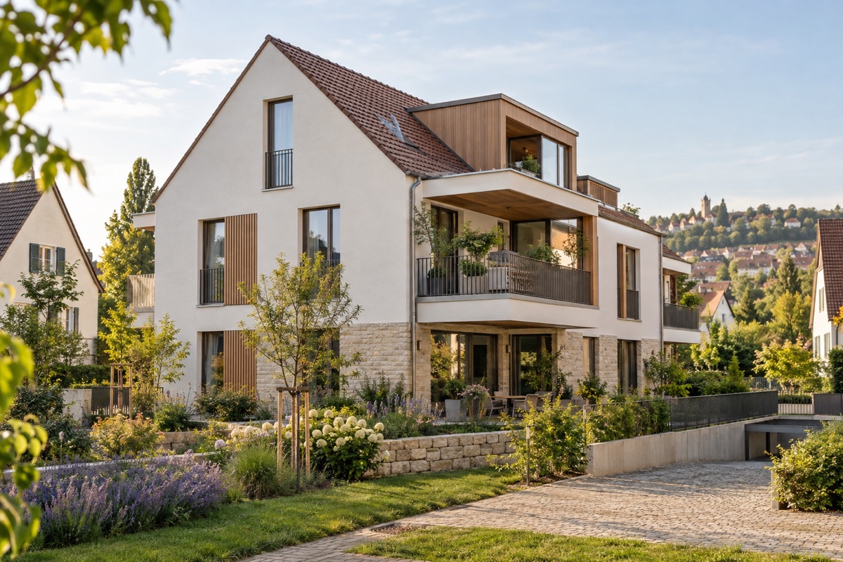 Waiblingen: KI-Architekturvisualisierung einer möglichen Umsetzung für Modernisierung und Mehrgenerationenwohnen