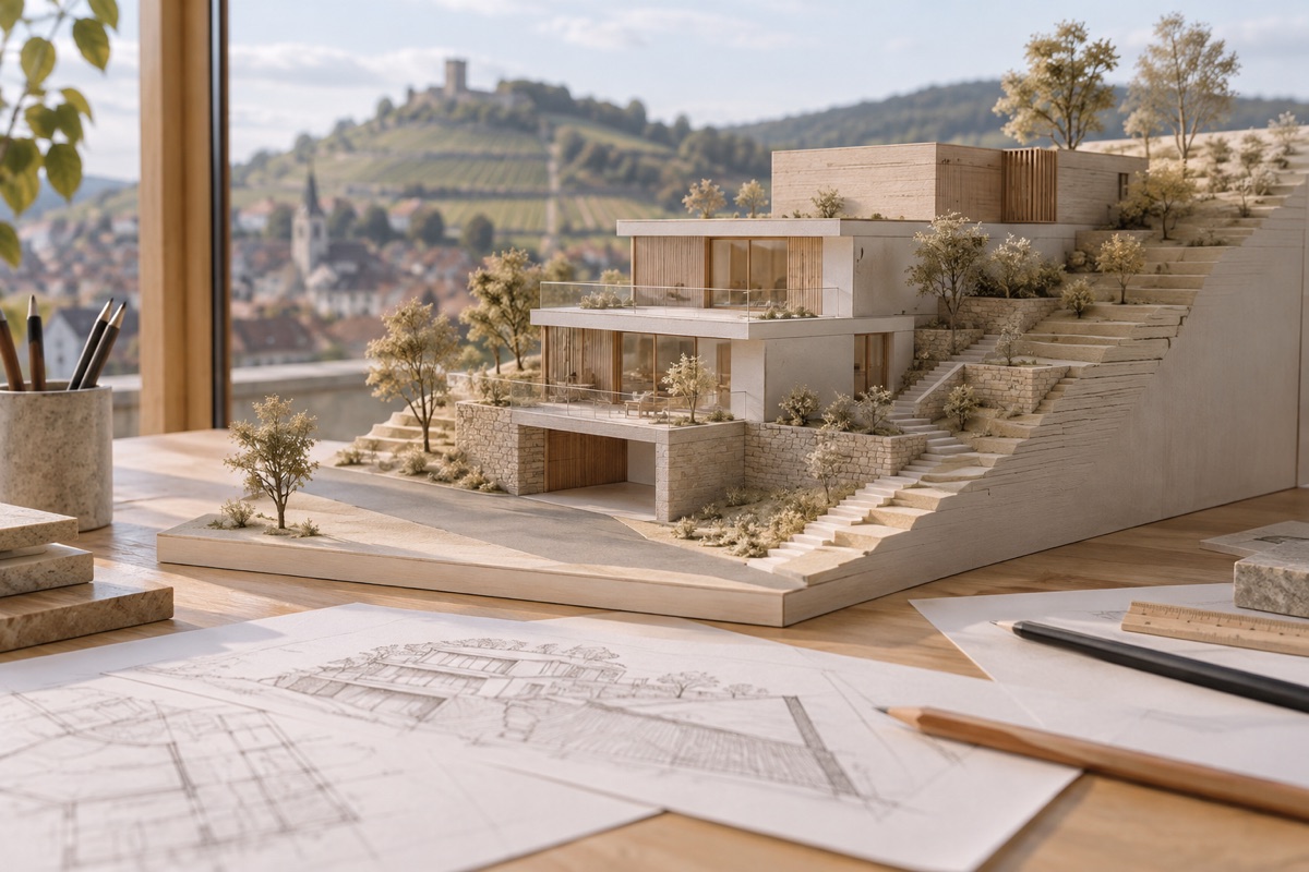 Weinsberg: KI-Illustration eines Architekturmodells für Hanghaus und Umbau