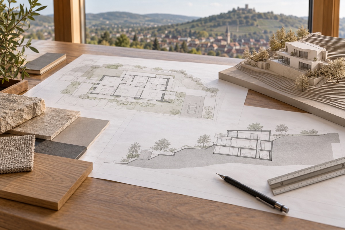 Weinsberg: KI-Illustration von Bauplänen und Materialmustern für Hanghaus und Umbau